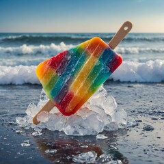 Rainbow popsicle on crushed ice with a background of waves and seashells.