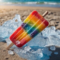 Close-up of rainbow popsicle on crushed ice with bokeh effect of a sunny beach.