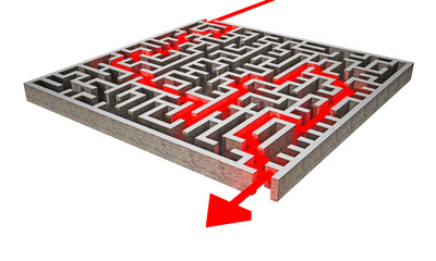 Red arrow successfully navigating trough the labyrinth on transparent background. 3D illustration