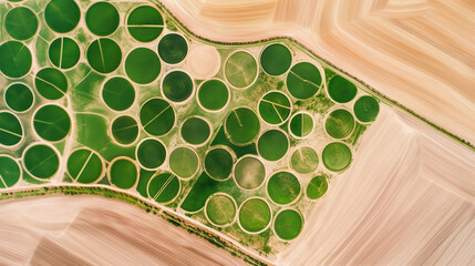 Aerial view of circular crop fields in desert farmland, geometric green irrigation patterns