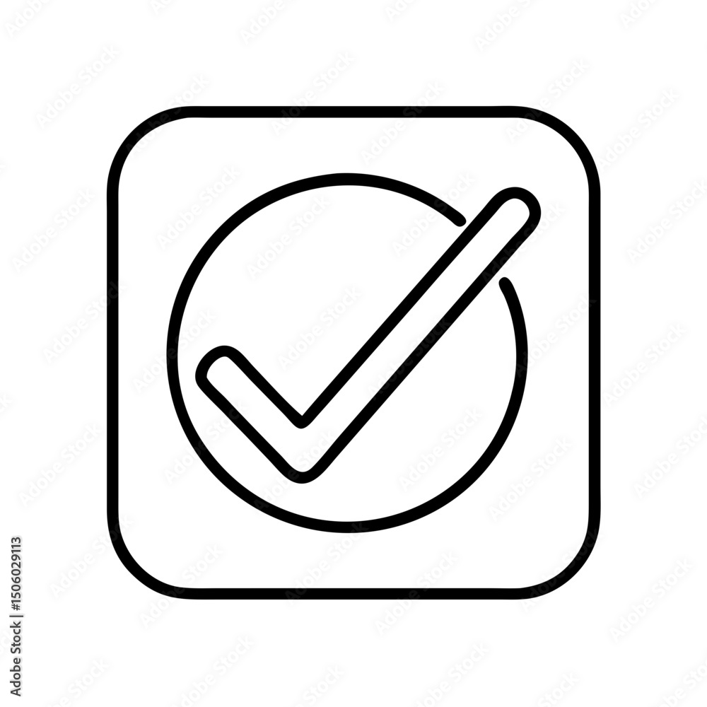 Poster circle and check mark inside square outline in minimal line style