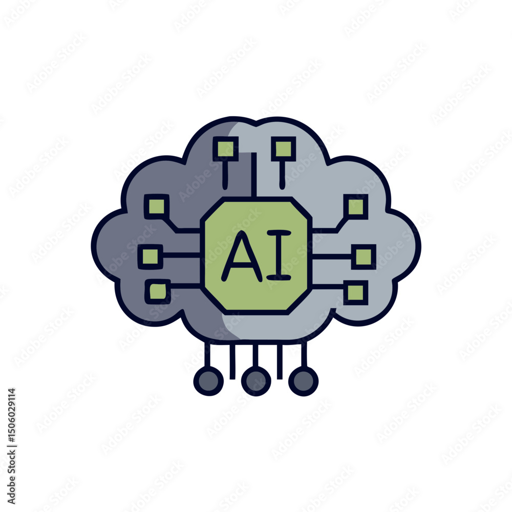 Poster ai chip in brain shape with circuit extensions in colorful design