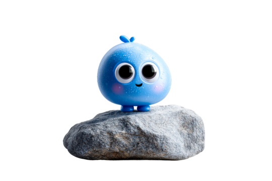 Cute blue character standing on a rock with a playful expression