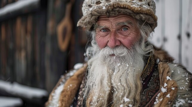 Portrait of a Senior Caucasian man with a long white beard, wearing a fur hat and coat, covered in snow. Celebrating Iceland Independence Day