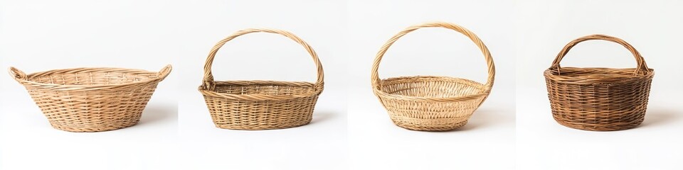 Three light brown woven baskets with handles
