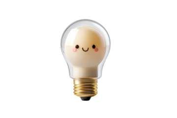 Cute light bulb design with smiling face on a transparent background