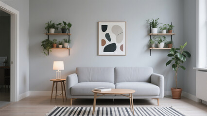 Living room interior with sofa, plants, and modern decor elements