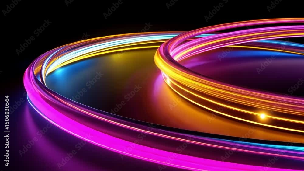 Poster vibrant neon light trails swirl in dynamic patterns, creating mesmerizing visual effect with colorfu