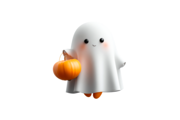 Cute ghost holding pumpkin on transparent background for Halloween