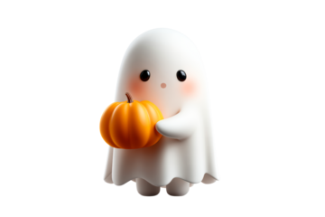 Cute ghost character holding a small pumpkin with a fun expression