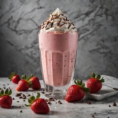 Strawberry milkshake on a marble table, garnished with whipped cream, chocolate shavings, and a fresh berry.