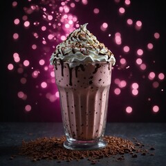 Magical milkshake glowing in the dark with pink sparkles, whipped cream, and shimmering chocolate.