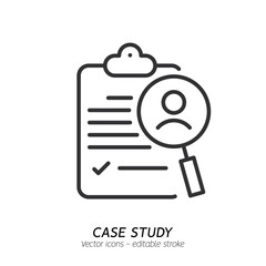Studying information and facts single icon. Concept of case study, searching business information, analyze of product features vector flat outline icon. Editable stroke