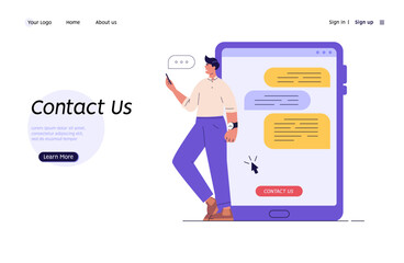 Person using mobile phone and writing mail. Contact us banner. Concept of online support, customer support, email marketing. Vector illustration for UI, web banner, mobile app