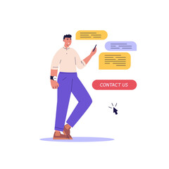 Person using mobile phone and writing mail. Contact us banner. Concept of online support, customer support, email marketing. Vector illustration for UI, web banner, mobile app