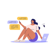 Woman sitting with laptop and writing mail. Contact us banner. Concept of online support, customer support, email marketing. Vector illustration for UI, web banner, mobile app