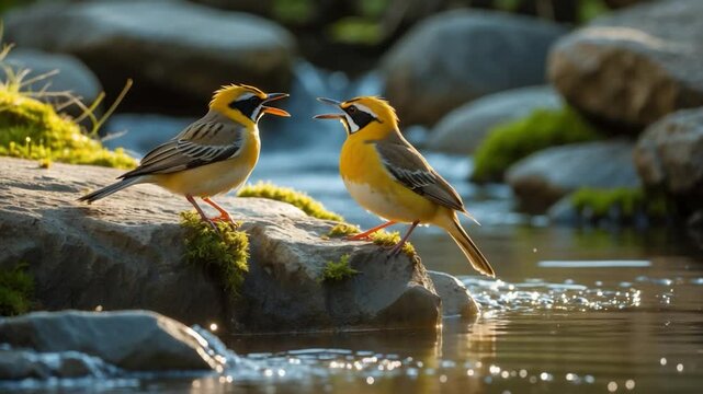 Two dickcissel birds perched on a rocky ledge overlooking a stream.