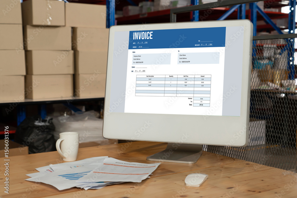 Poster invoice on computer screen from accounting application. computer program for financial and budget of