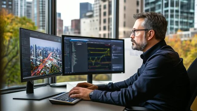A meticulous urban mobility expert seated at his desk, refining public transportation schedules on two computer monitors, with city blueprints in the background.