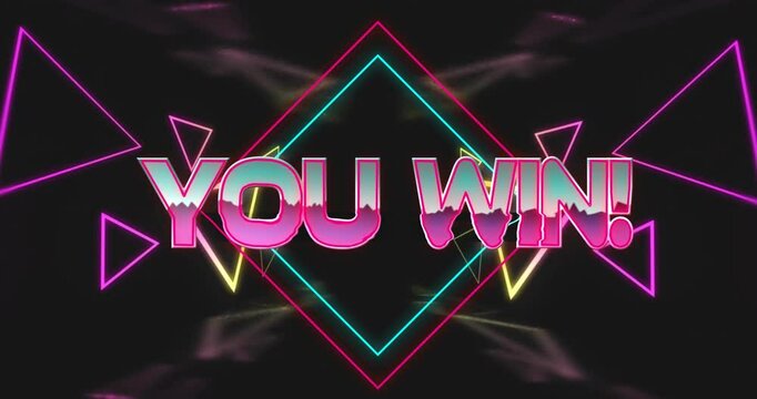 Pink wireframe sparking YOU WIN! text filling while neon shapes sliding pulsing celebrating win - Powered by Adobe