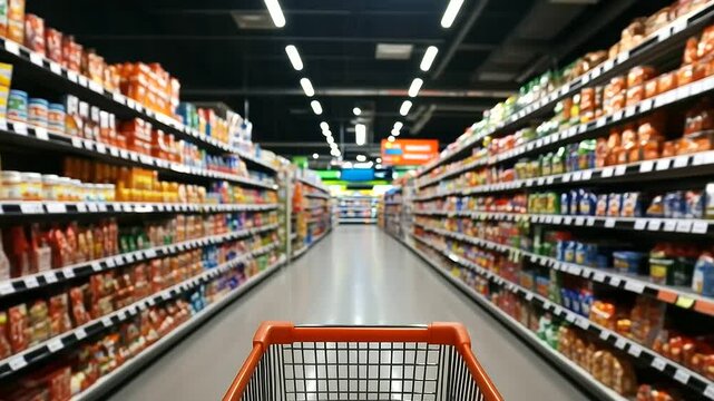 A meticulously arranged supermarket aisle with a shopping cart in the center, empty yet ready to be filled with groceries and household necessities.