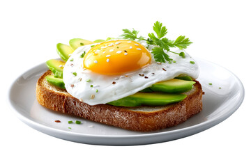 Delicious avocado toast topped with egg and herbs on a plate