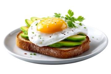 Delicious avocado toast topped with egg and herbs on a plate