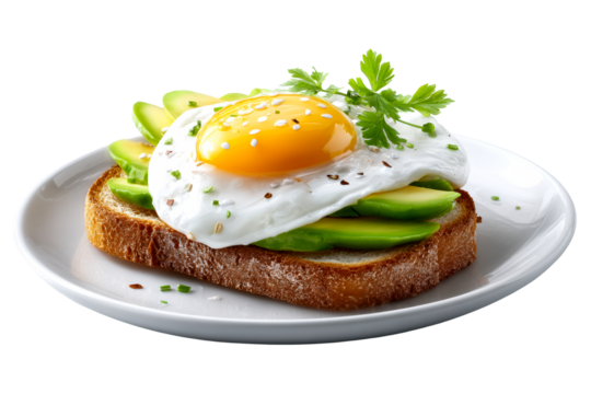 Delicious avocado toast topped with egg and herbs on a plate