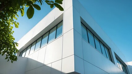 The exterior of a contemporary commercial structure showcasing aluminum metal composite panels and glass windows, featuring an innovative design with engineered diagonal cladding steel frame panels.