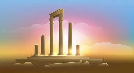Antique columns at sunrise landscape