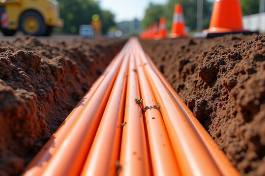Underground cable installation showing orange conduit pipes in freshly dug trench.  New fiber optic cables are being laid underground for high-speed internet connection.