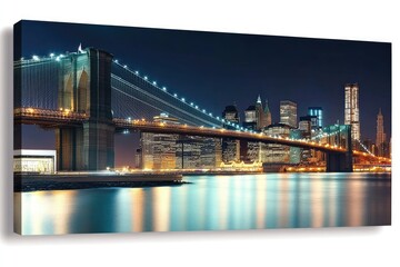 Night cityscape view of the Brooklyn Bridge over the East River.