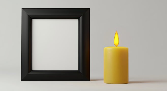 Empty black frame beside a lit yellow candle