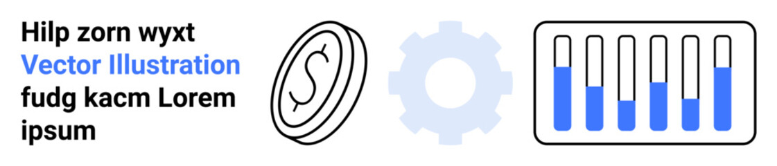 Coin symbolizing economy, gear representing systems or technology, and analytics bars for data. Ideal for business, finance, technology, innovation, automation, growth and simple landing page