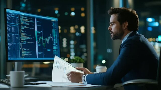A logistics manager, dressed in business attire, sits at a modern desk, reviewing shipment schedules on a large monitor, with papers and a coffee cup scattered around.