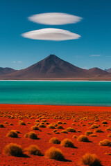 Red Desert Meets Teal Lake and Lenticular Clouds &ndash; Surreal Landscape with Mountain

