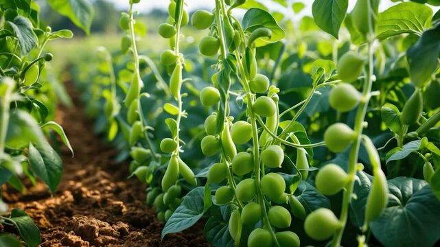 Vibrant Green Pea Plants Growing in Rows with Lush Leaves and Plump Pods Illuminated by Sunlight in a Fertile Soil Landscape