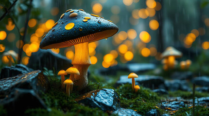  mushroom in the jungle, glowing mushroom in the night background