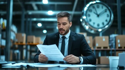 Sitting at a desk in a modern office, a logistics manager carefully inspects shipping documents and warehouse inventory data, with a large clock ticking in the background. - Powered by Adobe