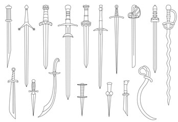 Vector doodle hand drawn style black outline illustration set with historical swords and daggers, including straight blades, sabers, and curved scimitars. Perfect for coloring books, fantasy designs 