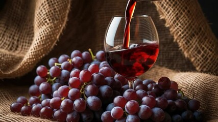 Elegant glass of red wine beside a generous cluster of plump red grapes on textured burlap background, creating a warm, inviting atmosphere perfect for wine lovers.