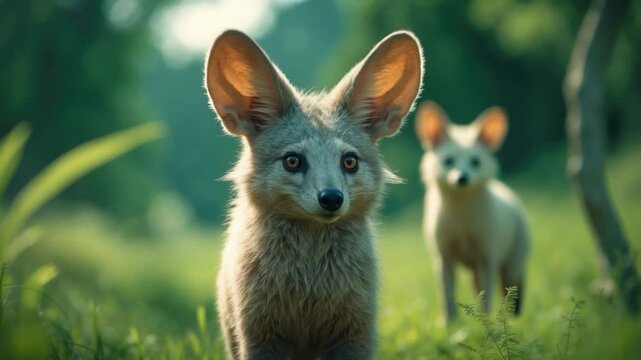 Fennec fox with large ears gazing curiously at the camera while another fennec fox stands softly blurred in the background amidst a lush green landscape.
