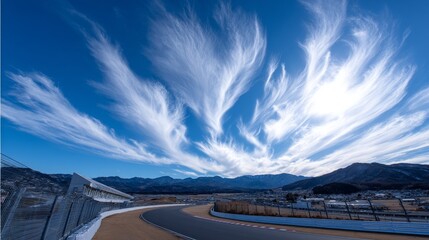 Fototapeta premium Scenic Race Track Under Dramatic Sky - Stunning view of a race track winding through a mountain landscape under a vibrant sky filled with unique cloud formations