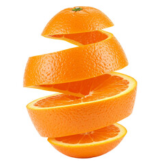 Sliced orange spiraling with vibrant texture on transparent background  