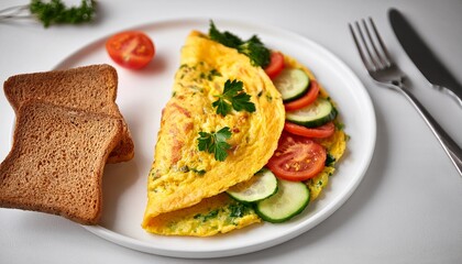 delicious vegetable omelette served on white plate with bread slices perfect healthy breakfast top view captures vibrant ingredients for appealing food content ideal breakfast visuals