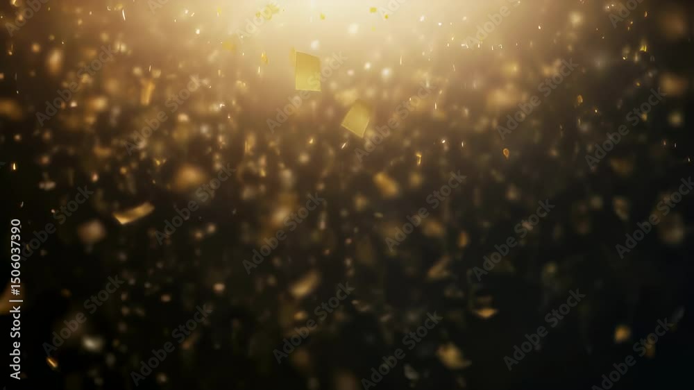 Poster gold confetti falling in a loop on a black background with glittering festive particles