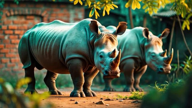 Two rhinoceroses standing on a dirt path surrounded by lush greenery, showcasing their distinct horns and textured skin, with a blurred rustic backdrop of brick walls and foliage.