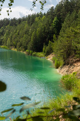 turquoise water lake surrounded by pine trees, top view.A beautiful summer day
