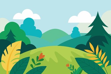 Cartoon landscape illustration with trees clouds and greenery background