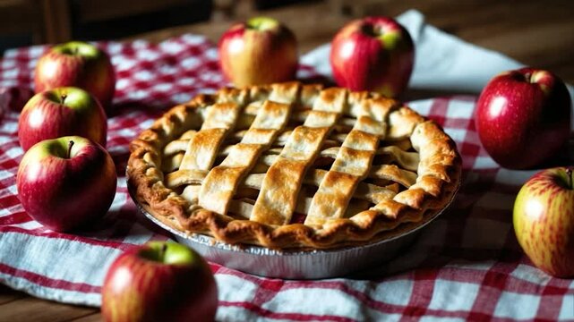 Freshly baked apple pie with a golden, lattice crust sits on a red and white checkered cloth, surrounded by vibrant red and green apples, evoking a cozy, rustic kitchen atmosphere.